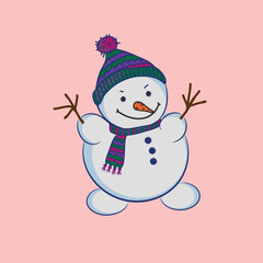 illustration, happy, cheerful snowman in a knitted hat and scarf, carrot nose, stick hands up, isolated vector