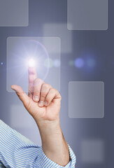 The abstract image. Close up of hand pointing at virtual hologram. Business through the computer screen.The concept of communication network, cyber security, internet of things and future life.