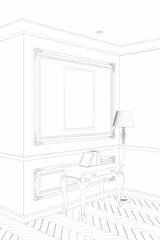 A sketch of the classic interior with a vertical poster on a wall with moldings, a floor lamp near a console with books, and a parquet floor. 3d render