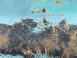 Close Up Texture of Rusted Old Metal Car, Blue, Brown, Black, Rust