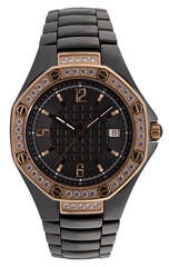Isolated Black wrist watch with gold and diamond in PNG format.