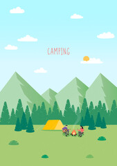 Summer camp, Tent, Campfire, Pine forest and rocky mountains background, holidays outside city, happy girl and boy at picnic, Useful outdoor recreation, interesting journey. Modern flat design vector. - 550968663