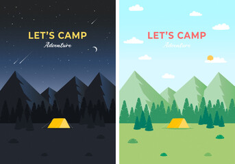 Day and night landscape illustrations with mountains. Evening Camp. Pine forest and rocky mountains. Campfire Nature landscape. Vertical web banner for summer camp. Modern flat design vector.