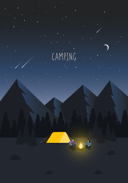 Family Adventure Camping Evening Scene. Tent, Campfire, Pine forest and rocky mountains background, Starry night sky with moonlight. Camping, Nature landscape. Modern flat design vector illustration.