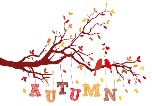 Autumn tree branch with colorful leaves, birds, and hanging letters, illustration over a transparent background, PNG image