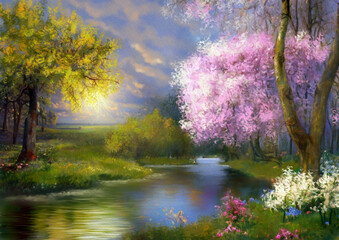 Very beautiful sunrise in spring. Blooming cherry orchard, wide river in the garden. Artwork, paintings landscape,  spring in the park, spring in the forest