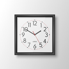 Vector 3d Realistic Black Square Wall Office Clock, Design Template Isolated. White Frame, White Dial, Mock-up of Wall Clock for Branding and Advertise Isolated. Clock Face Design