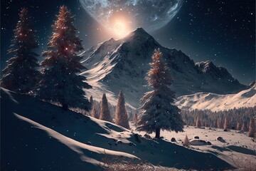 Winter Wonderland with mountains, moon and snow
