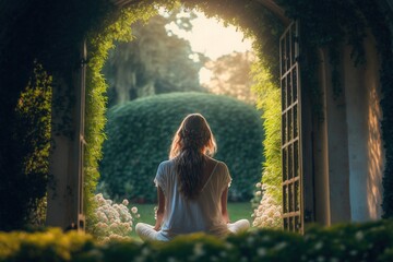 A young girl meditates in the tranquillity of her own garden early on a beautiful morning focusing on her own wellbeing and living slow