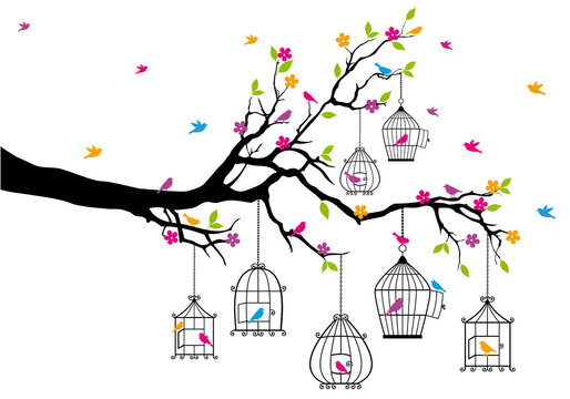 Tree with birds and birdcages, colorful flowers, illustration over a transparent background, PNG image