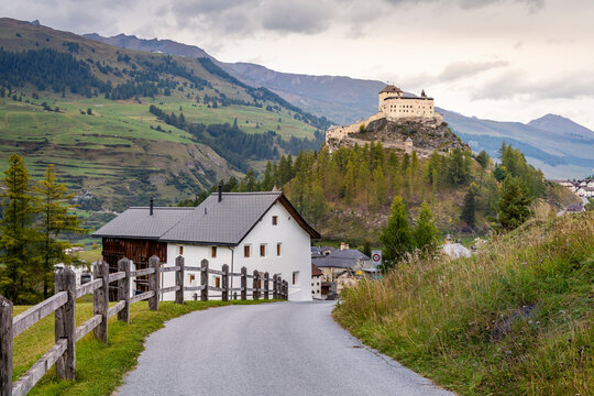 Idyllic landscape of Scuol Tarasp village, Engadine, Swiss Alps, Switzerland