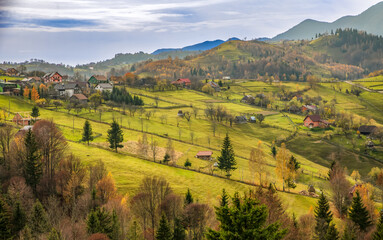 Fototapeta na wymiar Beautiful landscape with Carpathian Mountains in Brasov county Romania captured in autumn 
