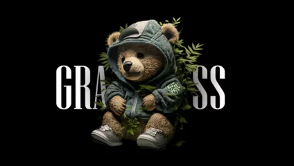 Fotobehang Plush cute bear doll in an embrace with a marijuana bush on a black background. For street style t shirt design graphic. Vector illustration © Zaleman