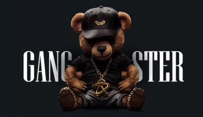 Fotobehang Cute, funny teddy bear in a cap and with a chain on a black background. Gangster kars slogan with a bear doll. Vector illustration © Zaleman