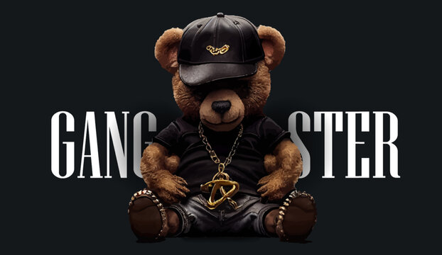 Naklejki Cute, funny teddy bear in a cap and with a chain on a black background. Gangster kars slogan with a bear doll. Vector illustration