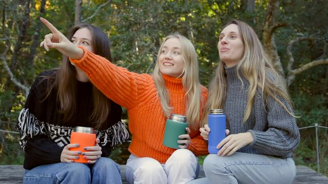 Portrait of cheerful and smiling girls enjoying outdoor strolling in the park. Young, adventurous tourists exploring beautiful natural environment around. High quality 4k footage
