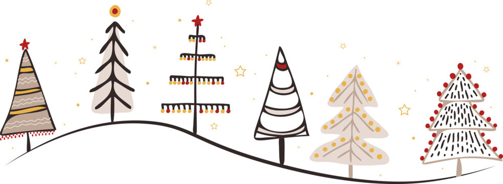 Vector hand drawn winter trees border. Whimsical doodles Christmas banner
