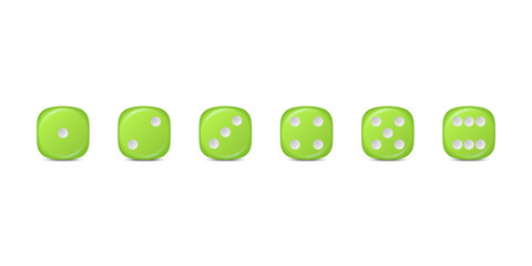 Vector 3d Realistic Green Game Dice Icon Set Closeup Isolated. Game Cubes for Gambling, Casino Dices From One to Six Dots, Round Edges