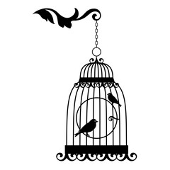Antique birdcage with birds, black silhouette, illustration over a transparent background, PNG image