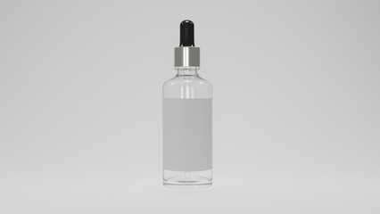 Mock up of realistic transparent glass bottle for oil and cosmetics with dropper or pipette. Cosmetic concept. 3D render