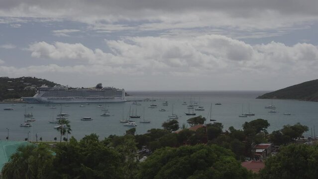 Cruise ship and sailboats in bay near ocean / Charlotte Amalie, St. Thomas, US Virgin Islands