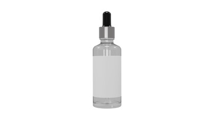 Mock up of realistic transparent glass bottle for oil and cosmetics with dropper or pipette on transparent background. Cosmetic concept. 3D render