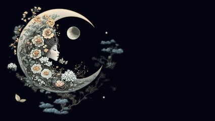 Illustration of a half moon with flowers and ornaments girl face in black background