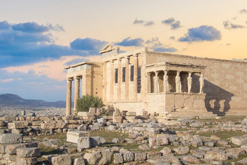 Beautiful view of the Acropolis and Erechtheion in Athens, Greece