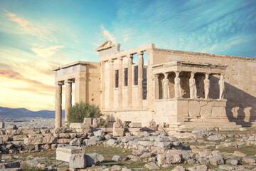 Beautiful view of the Acropolis and Erechtheion in Athens, Greece
