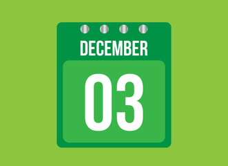 3 day december calendar vector. Calendar page icon for the month of december with metallic pin. Calendar on green background.