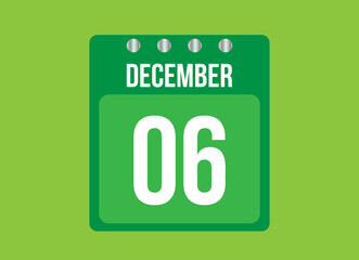 6 day december calendar vector. Calendar page icon for the month of december with metallic pin. Calendar on green background.