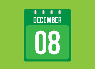 8 day december calendar vector. Calendar page icon for the month of december with metallic pin. Calendar on green background.