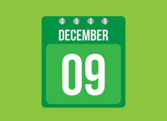 9 day december calendar vector. Calendar page icon for the month of december with metallic pin. Calendar on green background.