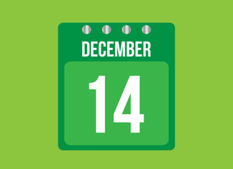 14 day december calendar vector. Calendar page icon for the month of december with metallic pin. Calendar on green background.