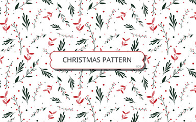 Christmas seamless pattern - Beautiful Christmas branches and foliage on white background, vector 