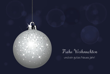 Wei&szlig;e Weihnachtskugel mit Glitzer und Glanz, und Gr&uuml;&szlig;e in deutsch
Vektor Illustration mit dunklem Hintergrund
