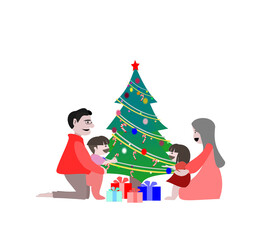  Parents and children help decorate the Christmas tree.family and happy new year concept.illusatration on isalate white background.