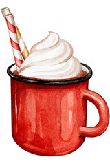 Hot Chocolate Whipped Cream Red Mug Clipart. Watercolor Christmas Clipart - 550977037