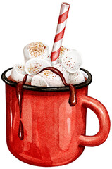 Hot Chocolate Red Mug Clipart. Watercolor Christmas Clipart. Marshmallow with chocolate chip.