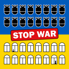 Stop war in Ukraine. Falling bombs against peaceful windows. Russian military aggression. Attacks on civilians and civilian infrastructure.