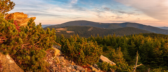 Eastern Sudetes, mountain landscape, view of the Snieznik Massif mountain peaks. The forests are lit by the setting sun.