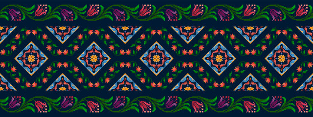 Ikat ethnic seamless pattern decoration design. Aztec fabric carpet boho mandalas textile decor wallpaper. Tribal native motif ornaments African American folk traditional embroidery vector background 