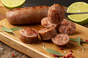 Delicious grilled sausage. Selective focus.