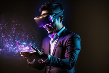 Asian male in a virtual reality wearing a VR headset interacting with the virtual world as it comes to life before our eyes