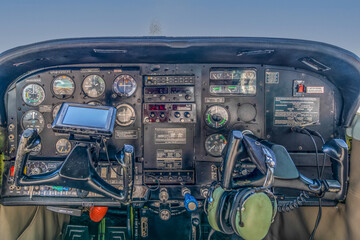 The cockpit of a small propeller plane used to view the Nazca lines