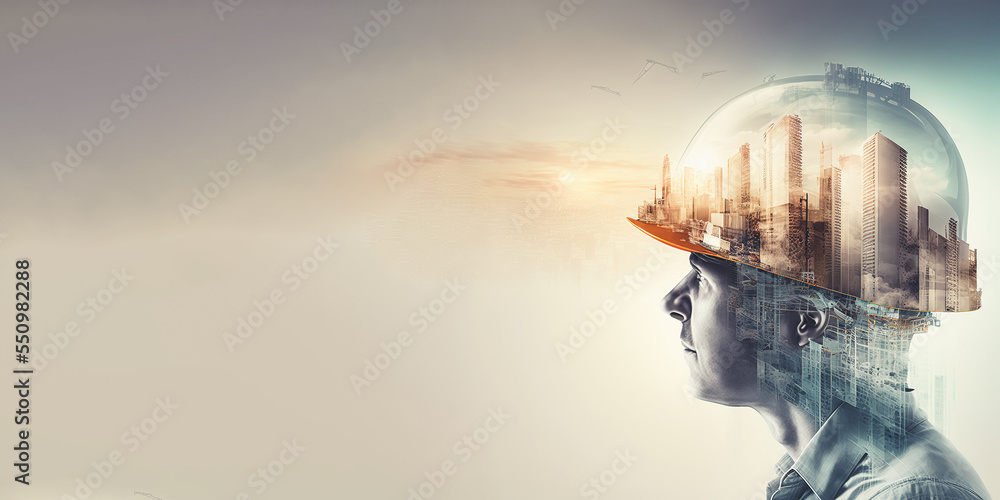 Poster future building construction engineering project devotion with double exposure graphic design. build