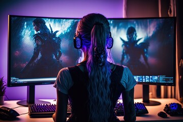 Gamer girl on her gaming computer with a purple colour scheme and big neon headphones