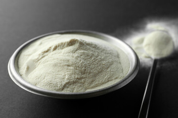 Bowl and spoon of agar-agar powder on black background, closeup