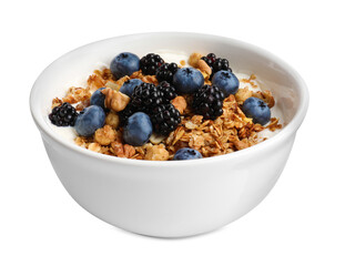 Bowl of healthy muesli with berries and yogurt isolated on white