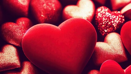 Closeup of vibrant red heart-shaped candies piled together - Valentine's day wallpaper with hearts
